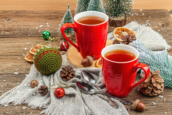 Winter Cozy Composition Hot Tea Traditional Christmas Decoration New Year — Stock Photo, Image
