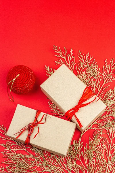 Christmas Festive Gift Boxes Surprise Concept New Year Background Red — Stock Photo, Image