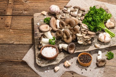 Oyster mushrooms ready for cooking. Fresh parsley, spices and garlic. Trendy hard light, dark shadows, old wooden background, copy space