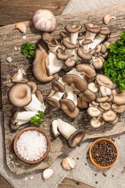 Oyster mushrooms ready for cooking. Fresh parsley, spices and garlic. Trendy hard light, dark shadows, old wooden background, top view