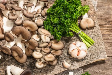 Oyster mushrooms ready for cooking. Fresh parsley, spices and garlic. Trendy hard light, dark shadows, old wooden background, top view