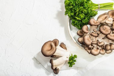 Fresh oyster mushrooms on a ceramic plate with parsley. Healthy ingredient for cooking vegan food. White background, hard light, dark shadow, flat lay, top view