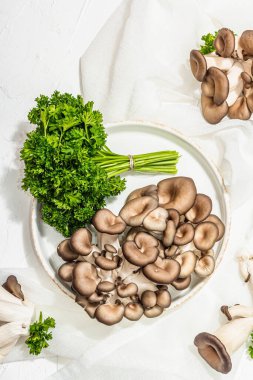 Fresh oyster mushrooms on a ceramic plate with parsley. Healthy ingredient for cooking vegan food. White background, hard light, dark shadow, flat lay, top view