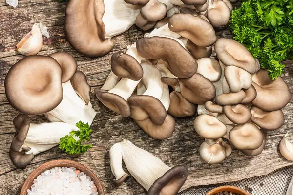 Oyster mushrooms ready for cooking. Fresh parsley, spices and garlic. Trendy hard light, dark shadows, old wooden background, top view