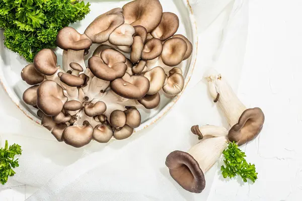 Fresh oyster mushrooms on a ceramic plate with parsley. Healthy ingredient for cooking vegan food. White background, hard light, dark shadow, flat lay, top view