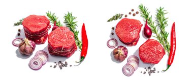 Raw Eye of round steak with spices and herbs isolated on white background. A trendy hard light, dark shadow, flat lay, mockup, template, banner format
