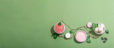 Lifestyle and healthy concept. Spa setting for massage treatment, body care and face beauty. Green and pink tones, hard light, dark shadow, banner format