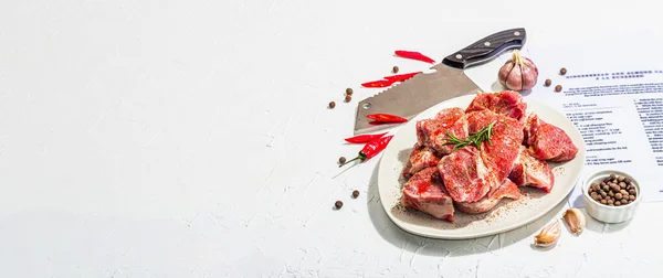 Паперовий Кулінарний Рецепт Приготування Свинини Сирі Інгредієнти Включають Шматочки Свинини — стокове фото