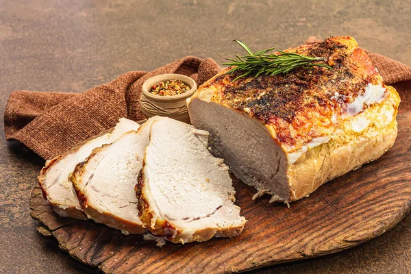 Baked Pork Loin Spices Herbs Vintage Wooden Cutting Board Ready — Stock Photo, Image