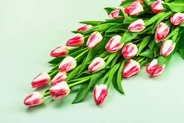 Bouquet Friske Lyserøde Tulipaner Grøn Baggrund Festligt Koncept Til Mors - Stock-foto