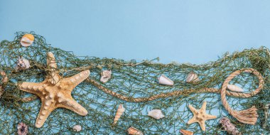 Deniz kabukları, deniz yıldızları ve balıkçı ağıyla donatılmış mavi bir arka plan. Çeşitli deniz hayvanları, tatil konsepti. Modaya uygun sert ışık, koyu gölge, düz döşeme, afiş biçimi