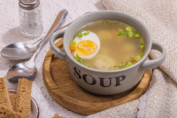 Meatball Soup Boiled Egg Ditalini Pasta Vegetables Fresh Herbs Healthy — Stock Photo, Image