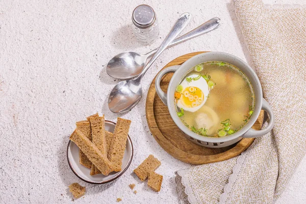 Meatball Soup Boiled Egg Ditalini Pasta Vegetables Fresh Herbs Healthy — Stock Photo, Image