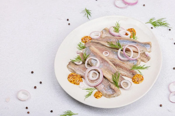 Salted Herring Dijon Mustard Dill Red Onion Rings Marinated Filleted — Stock Photo, Image