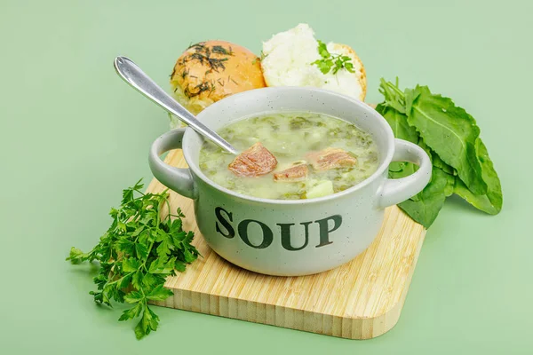 Traditional Portuguese Soup Caldo Verde Fresh Bakery Aromatic Greens Served — Stock Photo, Image