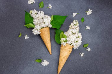 Koyu taş arkaplanda kremalı dondurma külahında beyaz leylak çiçekleri. Düz yatak, geleneksel bahar konsepti, üst manzara