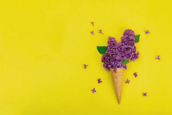 黄色の背景にワッフルアイスクリームコーンのバイオレットライラックの花 フラットレイ 伝統的な春のコンセプト グリーティングカード トップビュー — ストック写真