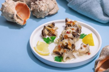 Yağlı, baharatlı ve yeşillikli turşulu rapan eti. Omega zengini sağlıklı deniz ürünleri. Deniz dekoratif aksesuarı, sert ışık, koyu gölge, mavi arkaplan, kapat