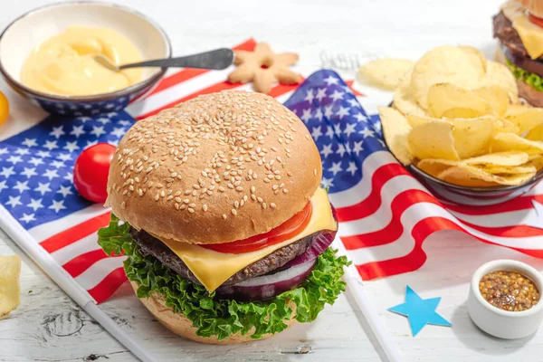 Homemade Burgers American Classic Traditional Food Picnic Party Celebration Independence — Stock Photo, Image