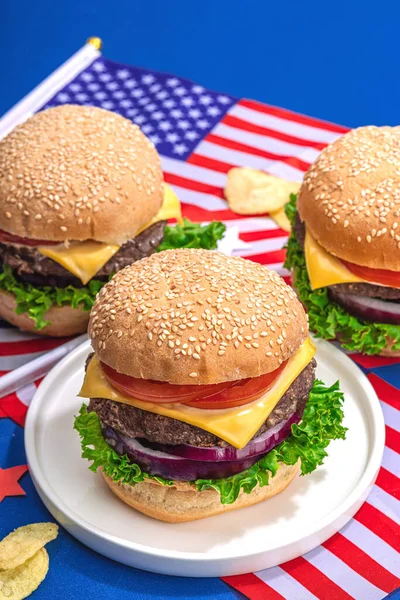 메이드 버거요 미국의 음식인 피크닉 독립기념일을 축하하는 음식이다 어두운 그림자 — 스톡 사진