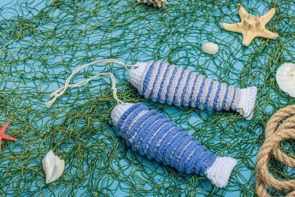 Handmade Marine Concept Crocheted Sardine Fishes Nautical Style Fishing Net — Stock Photo, Image