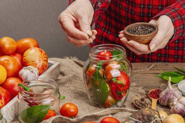 Korunmuş mevsim sebze konsepti. Domates, biber, yeşillik, soğan ve sarımsak hasadı. Kadınların elleri konserve yiyecekler, yemek pişirme süreci için malzeme hazırlar. Sağlıklı tarifler, ev yemekleri, kopyalama alanı