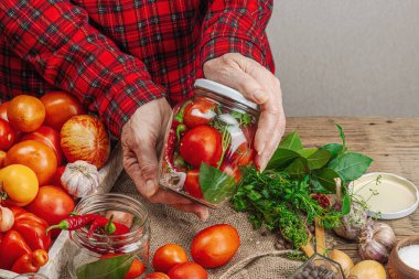 Korunmuş mevsim sebze konsepti. Domates, biber, yeşillik, soğan ve sarımsak hasadı. Kadınların elleri konserve yiyecekler, yemek pişirme süreci için malzeme hazırlar. Sağlıklı tarifler, ev yemekleri, kopyalama alanı