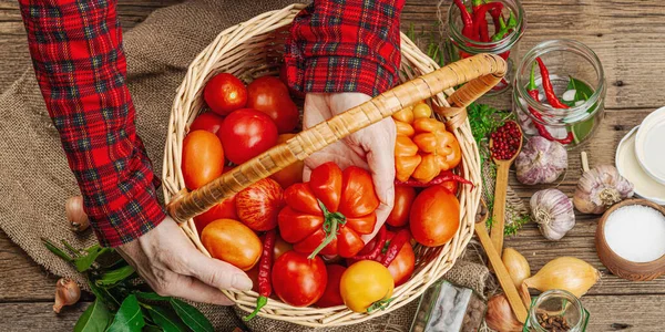 Korunmuş mevsim sebze konsepti. Domates, biber, yeşillik, soğan ve sarımsak hasadı. Kadınların elleri konserve yiyecekler, yemek pişirme süreci için malzeme hazırlar. Sağlıklı tarifler, ev yemekleri, afiş biçimi