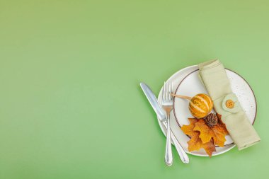 Sonbahar sofrası. Şükran Günü çatal bıçak takımı, geleneksel sonbahar dekorasyonu, düz yatış. Neşeli bir ortam, balkabağı, yapraklar, Savannah Green arka plan, üst manzara.