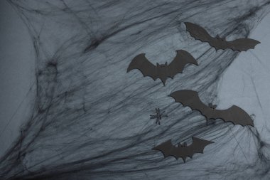 Komik cadılar bayramı geçmişi. Korkunç örümcek ağı, geleneksel düşen yarasalar ve örümcekler. Şenlikli düz yatak, klasik sonbahar tarzı, üst görünüm