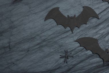 Komik cadılar bayramı geçmişi. Korkunç örümcek ağı, geleneksel düşen yarasalar ve örümcekler. Şenlikli düz yatak, klasik sonbahar tarzı, üst görünüm