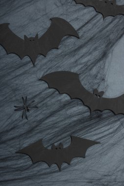 Komik cadılar bayramı geçmişi. Korkunç örümcek ağı, geleneksel düşen yarasalar ve örümcekler. Şenlikli düz yatak, klasik sonbahar tarzı, üst görünüm