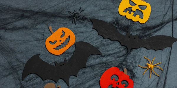 Fondo Divertido Halloween Telaraña Miedo Calabazas Otoño Tradicionales Murciélagos Arañas —  Fotos de Stock
