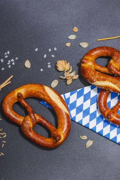 Traditional Oktoberfest Pretzels German Festival Food Concept Trendy Hard Light — Stock Photo, Image