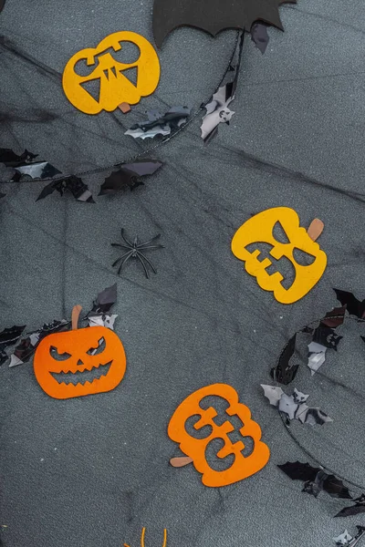 Divertente Sfondo Halloween Ragnatela Spaventoso Zucche Caduta Tradizionali Pipistrelli Ragni — Foto Stock