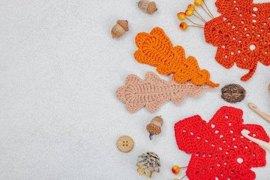 Örgü örmek için bir demet iplik. Tığ işi farklı yapraklar, el yapımı, sonbahar hobisi. Işık taşı arkaplan, üst görünüm üzerine dekorlar ve özel sanatlar araçları