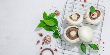 Bitki ve baharatlı taze portobello mantarı. Vejetaryen yemeği hazırlamak için sağlıklı bir malzeme. Sert ışık, koyu gölge, taş beton zemin, afiş biçimi