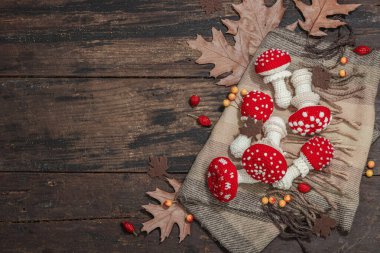 Sonbahar konforlu kompozisyon. Tığ işi manita mantarı, el yapımı, sonbahar hobisi. Dekorlar, geleneksel süslemeler, örgü örmeler. Sert ışık, karanlık gölge, eski ahşap arka plan, üst manzara.