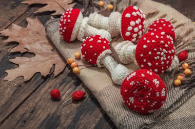 Sonbahar konforlu kompozisyon. Tığ işi manita mantarı, el yapımı, sonbahar hobisi. Dekorlar, geleneksel süslemeler, örgü örmeler. Sert ışık, karanlık gölge, eski ahşap zemin, kopyalama alanı