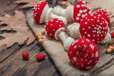Sonbahar konforlu kompozisyon. Tığ işi manita mantarı, el yapımı, sonbahar hobisi. Dekorlar, geleneksel süslemeler, örgü örmeler. Sert ışık, karanlık gölge, eski ahşap zemin, kopyalama alanı