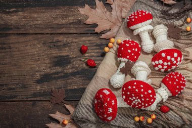 Sonbahar konforlu kompozisyon. Tığ işi manita mantarı, el yapımı, sonbahar hobisi. Dekorlar, geleneksel süslemeler, örgü örmeler. Sert ışık, karanlık gölge, eski ahşap arka plan, üst manzara.