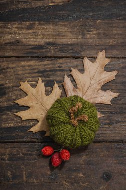 Sonbahar konforlu kompozisyon. Tığ işi balkabakları, el yapımı, sonbahar hobisi. Dekorlar ve geleneksel dekorasyon, örgü. Sert ışık, karanlık gölge, eski ahşap arka plan, üst manzara.