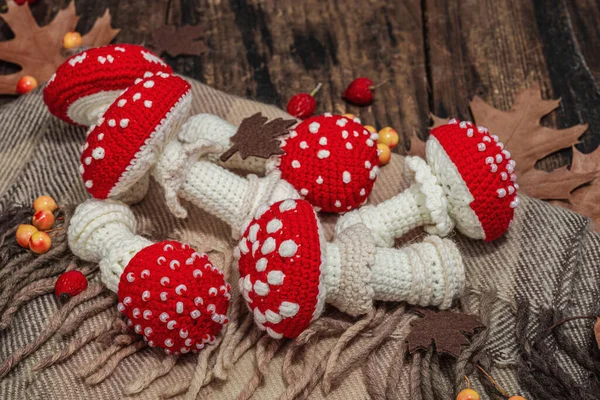 Autumn cozy mood composition. Crocheted amanita mushroom, handmade, fall hobby concept. Props and traditional decoration, knitting. Hard light, dark shadow, old wooden background, close up