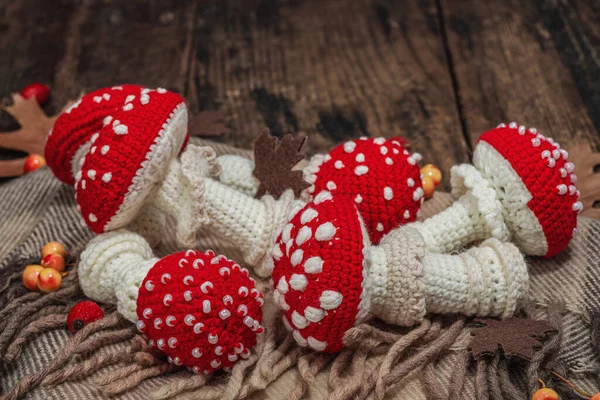 Autumn cozy mood composition. Crocheted amanita mushroom, handmade, fall hobby concept. Props and traditional decoration, knitting. Hard light, dark shadow, old wooden background, copy space
