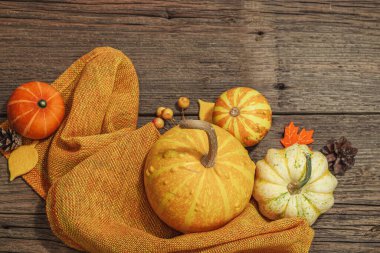 Ahşap arka planda sonbahar kompozisyonu. Süslü balkabağı, böğürtlen ve sonbahar yaprakları çeşitleri. Geleneksel sembol, şenlik tasarımı, üst görünüm