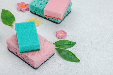 Bulaşık yıkamak için çeşitli süngerler. Organik temizlik konsepti, limon tazeliği. Taş beton zemin, düz yatış, kopyalama alanı