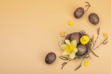 Paskalya yumurtaları, ahşap tavşanlar ve tavuk ve narsist çiçekli kuş yuvası. Kutlama konsepti, tebrik kartı, düz yatak, pastel kayısı arka plan, üst görünüm.