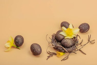 Paskalya yumurtaları, ahşap tavşanlar ve tavuk ve narsist çiçekli kuş yuvası. Kutlama konsepti, tebrik kartı, düz yatak, pastel kayısı arka plan, kopyalama alanı