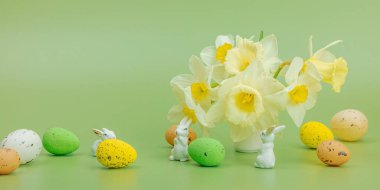 Paskalya yumurtalı nergisler ve açık yeşil arka planda tavşanlar. Mutlu bayramlar, tebrik kartı, geleneksel festival kompozisyonu, afiş biçimi