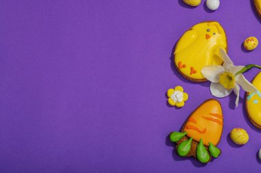 Geleneksel Paskalya kurabiyeleri, yenilebilir şenlik dekorları. Ev yapımı pişirme konsepti, tatlı tatlılar. Tebrik kartı, mor arkaplan, düz yatak, üst görünüm